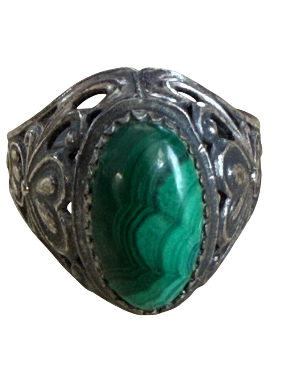 Vintage Silver Malachite Ring Ornate Filigree Design Size 9 Oval Green Stone